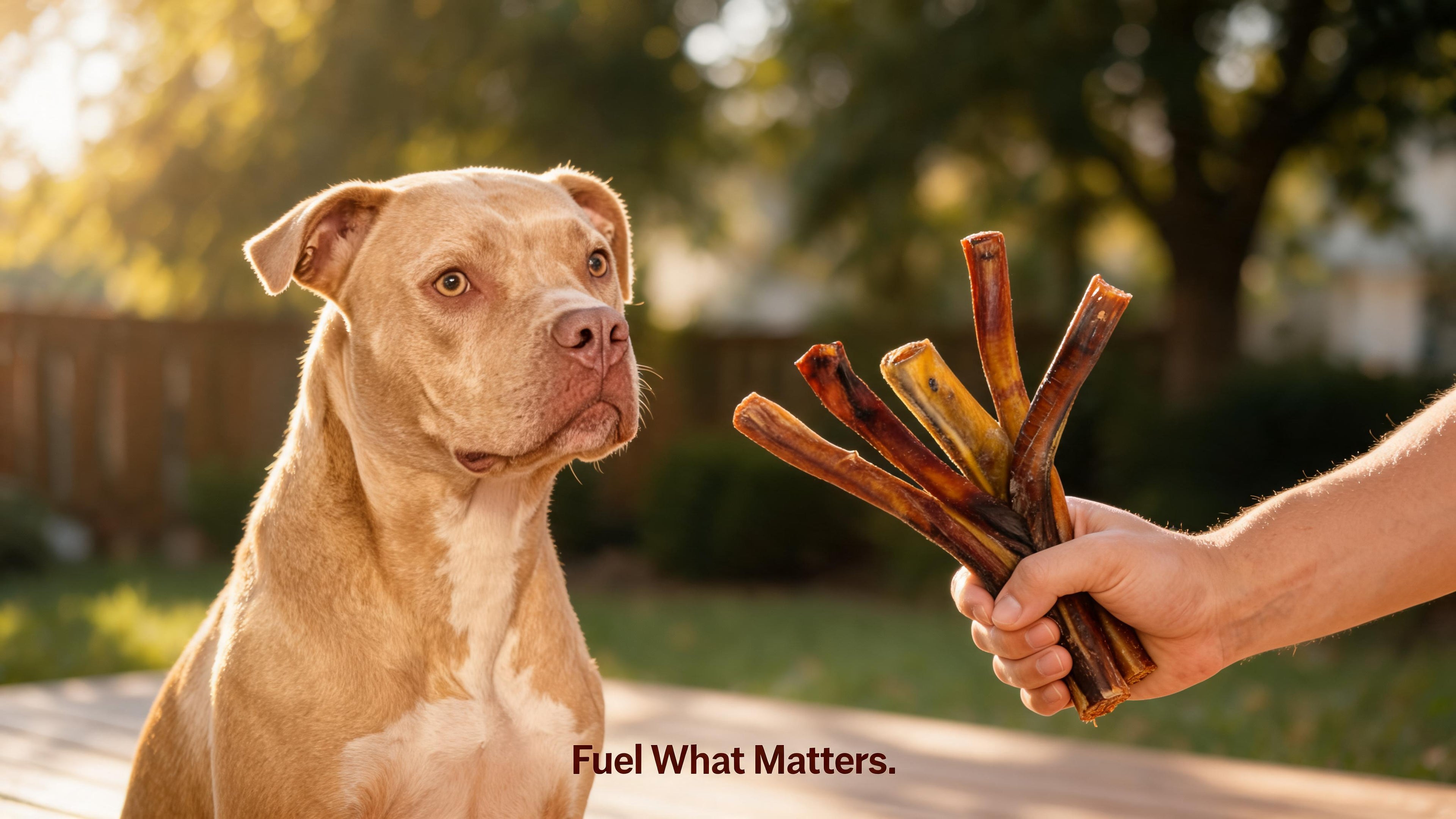 Honey the service dog with Honey On Duty Provisions beef chews in a warm documentary style natural setting
