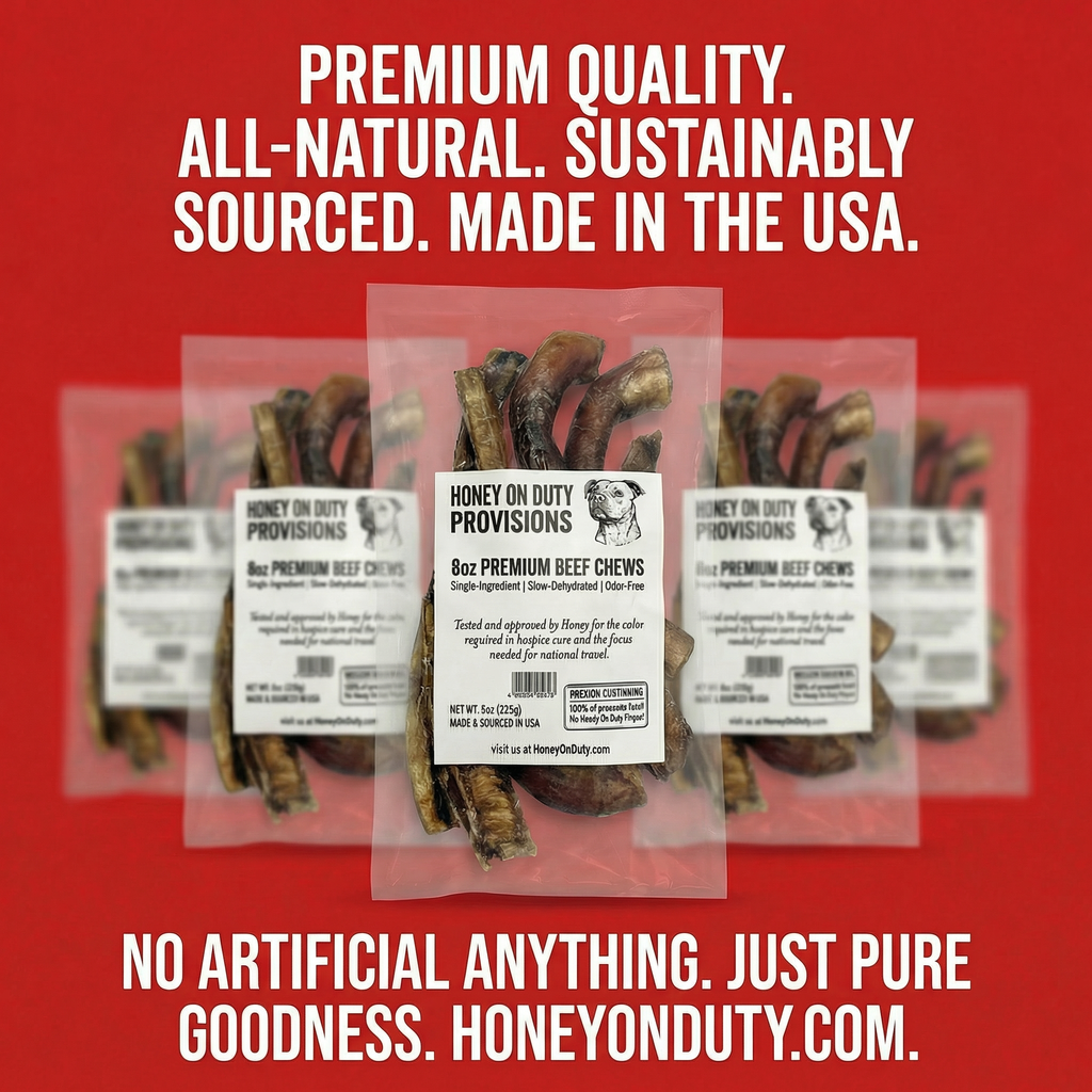 Honey On Duty Provisions ad graphic - service dog standard premium beef chews made and sourced in USA