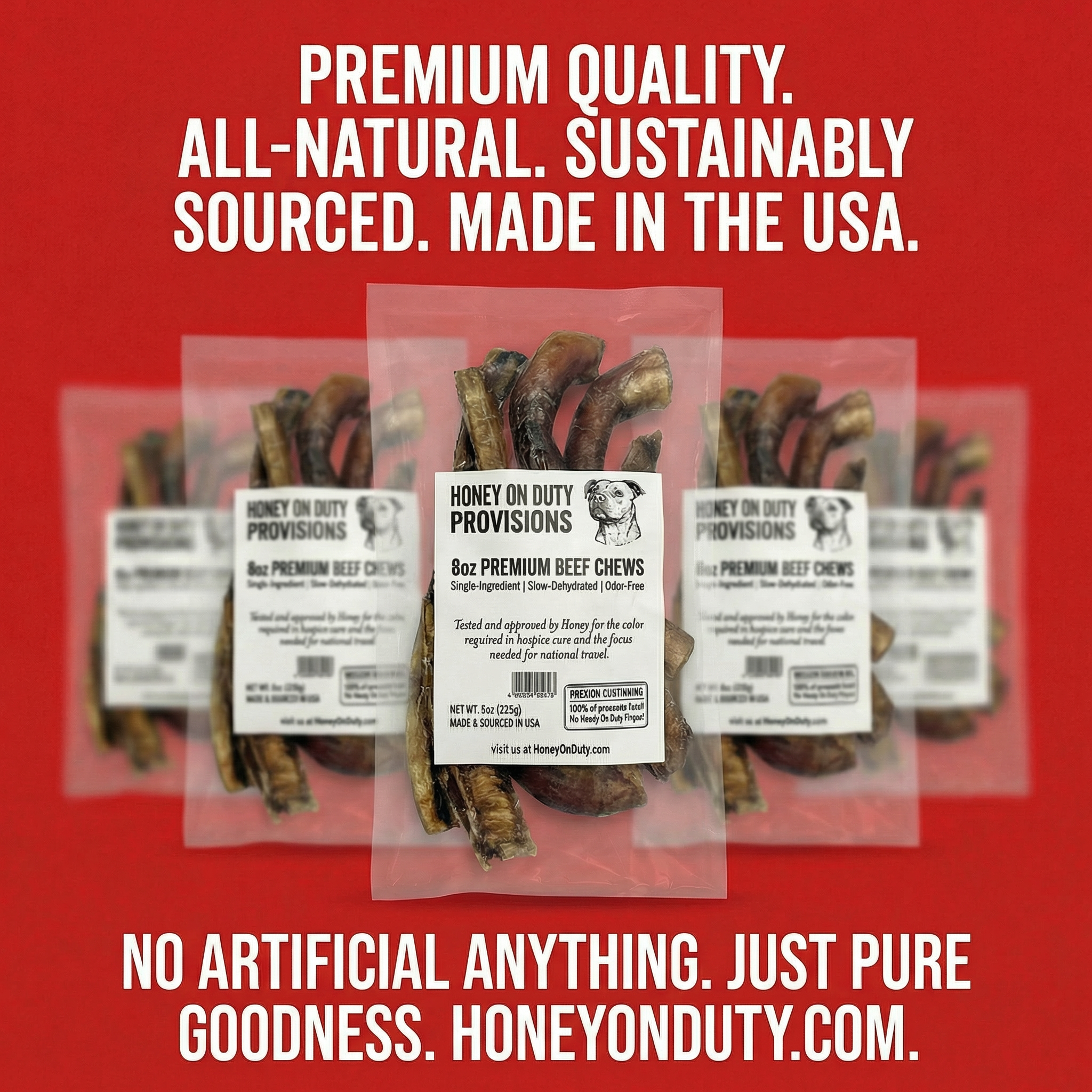 Honey On Duty Provisions ad graphic - service dog standard premium beef chews made and sourced in USA