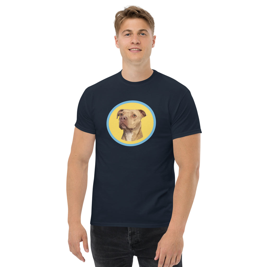 HoneyOnDuty Hi Frens Unisex Classic Tee in Navy - Men's front view with Honey the service dog design on premium cotton tee