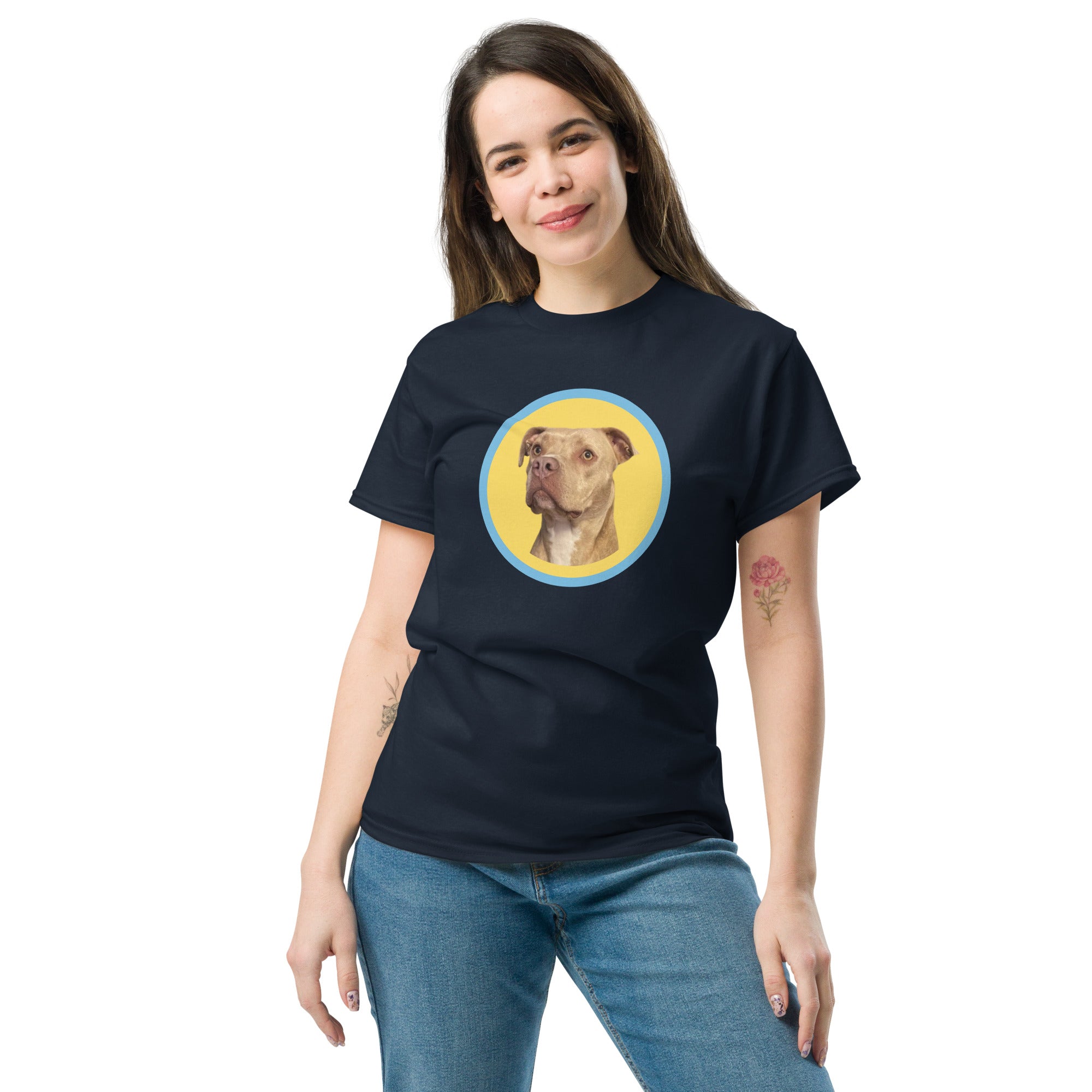 HoneyOnDuty Hi Frens Unisex Classic Tee in Navy - Women's front view with Honey the service dog design on premium cotton tee