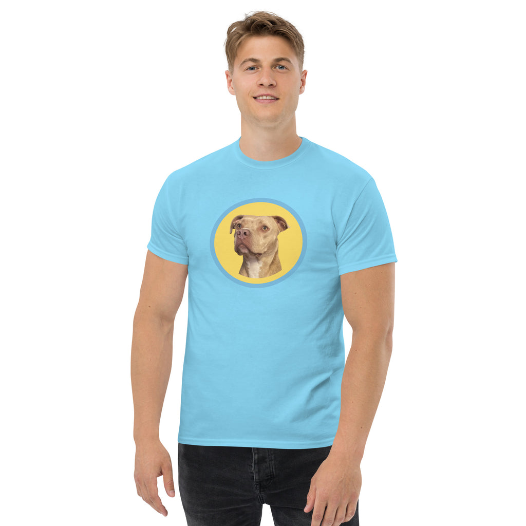 HoneyOnDuty Hi Frens Unisex Classic Tee in Sky Blue - Men's front view with Honey the service dog design on premium cotton tee