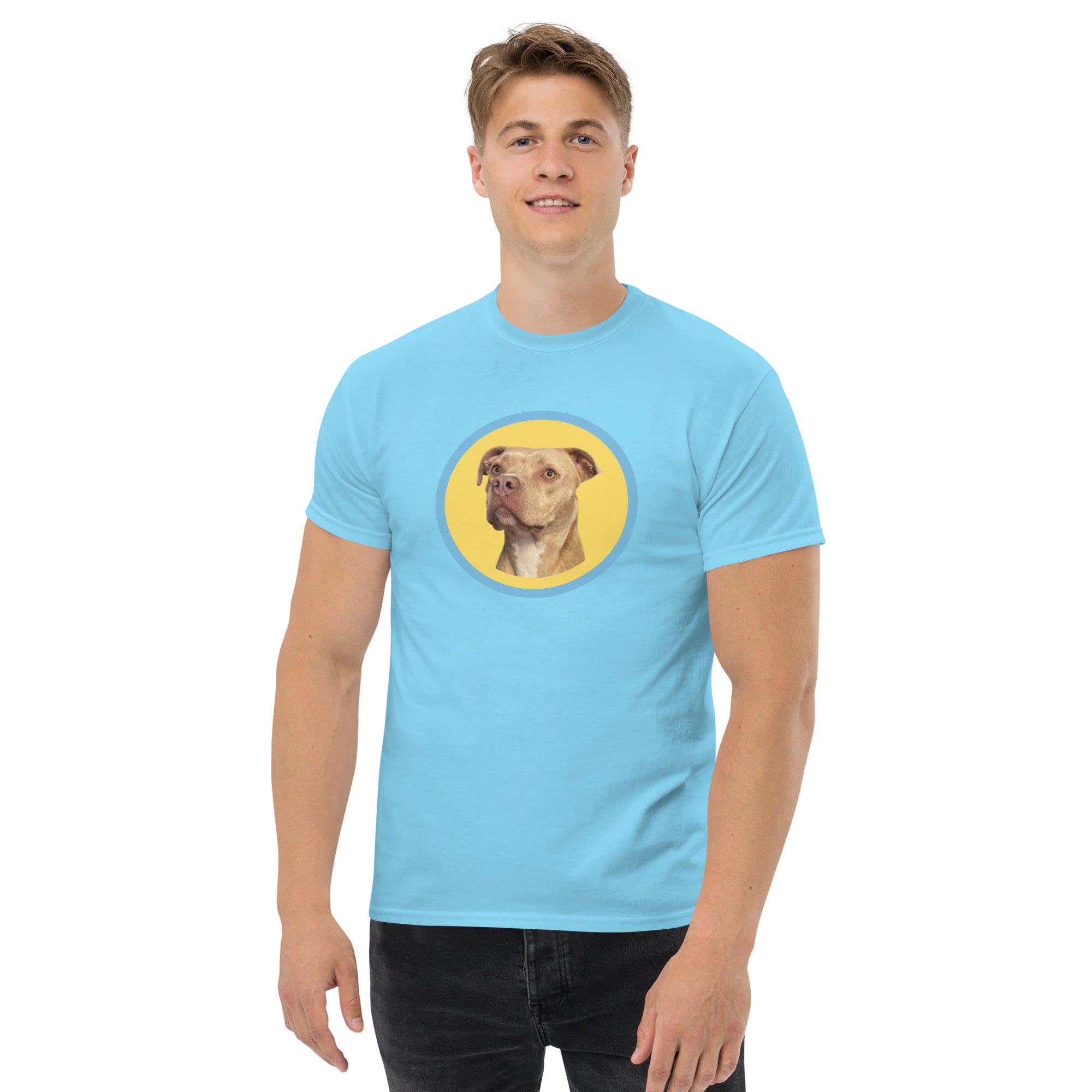 HoneyOnDuty Hi Frens Unisex Classic Tee in Sky Blue - Men's front view with Honey the service dog design on premium cotton tee