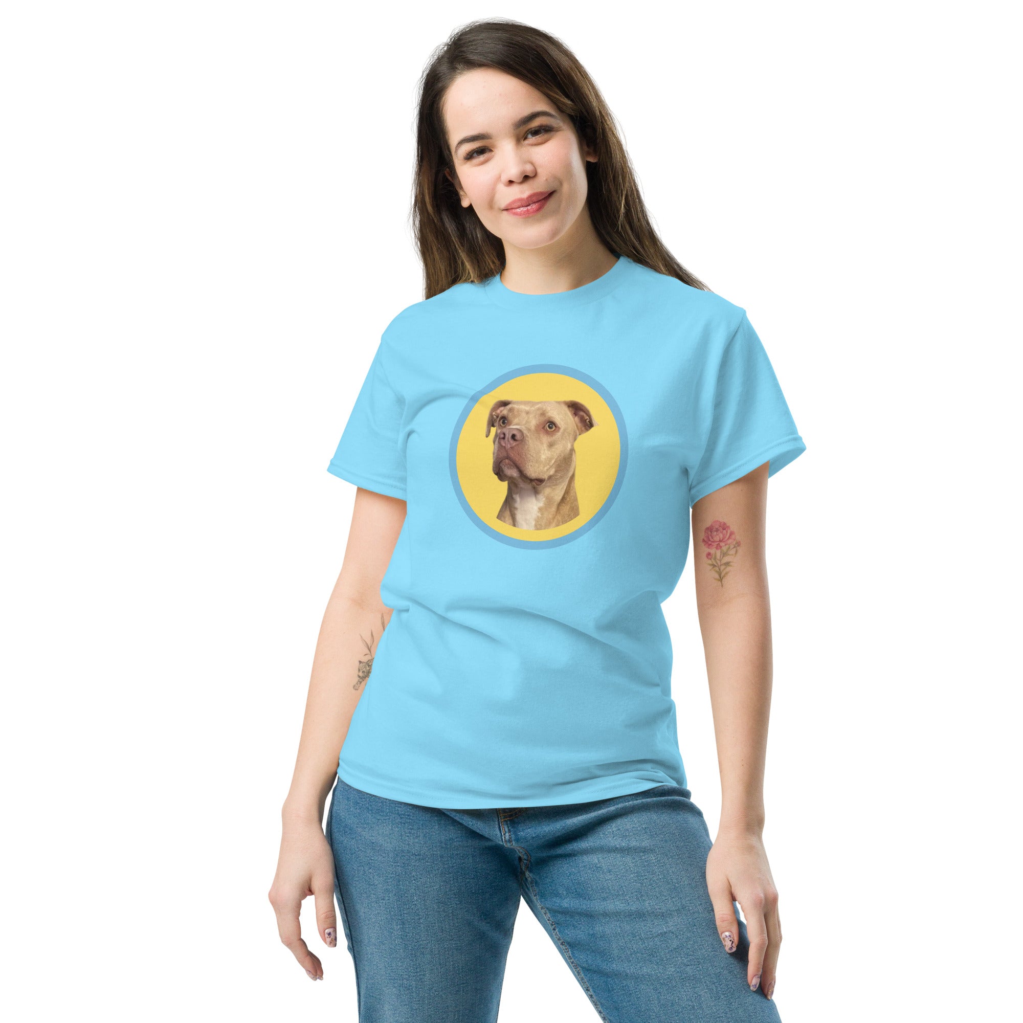 HoneyOnDuty Hi Frens Unisex Classic Tee in Sky Blue - Women's front view with Honey the service dog design on premium cotton tee