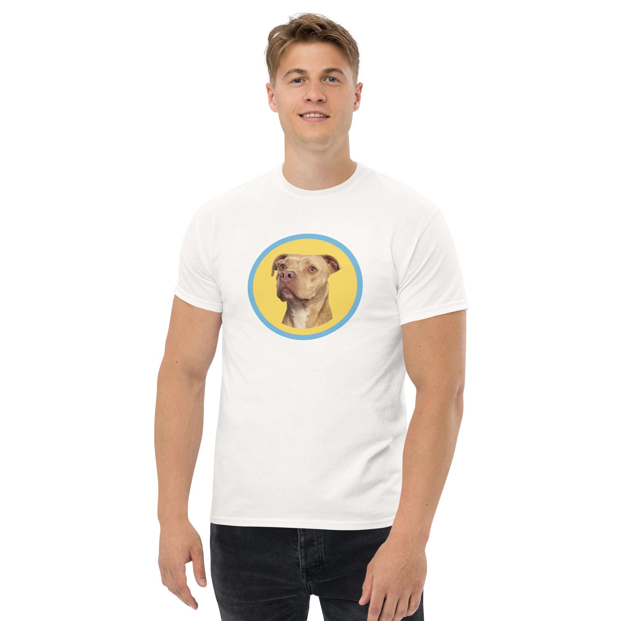 HoneyOnDuty Hi Frens Unisex Classic Tee in White - Men's front view with Honey the service dog design on premium cotton tee