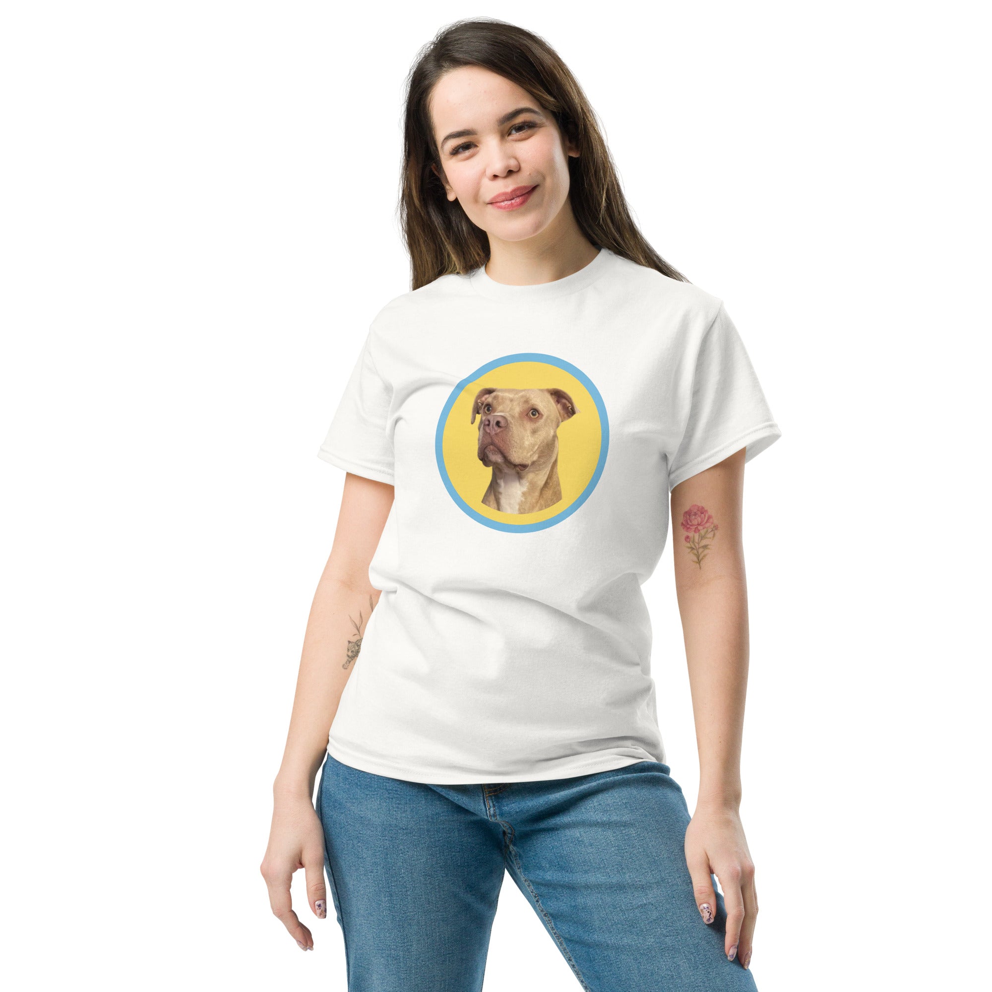 HoneyOnDuty Hi Frens Unisex Classic Tee in White - Women's front view with Honey the service dog design on premium cotton tee